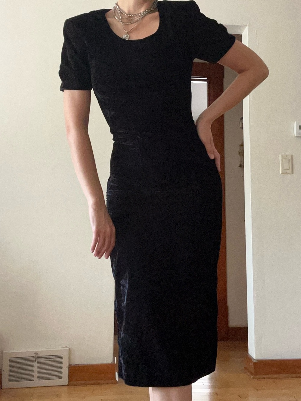My Michelle Black Midi Dress with Puff Shoulders and Scoop Neck